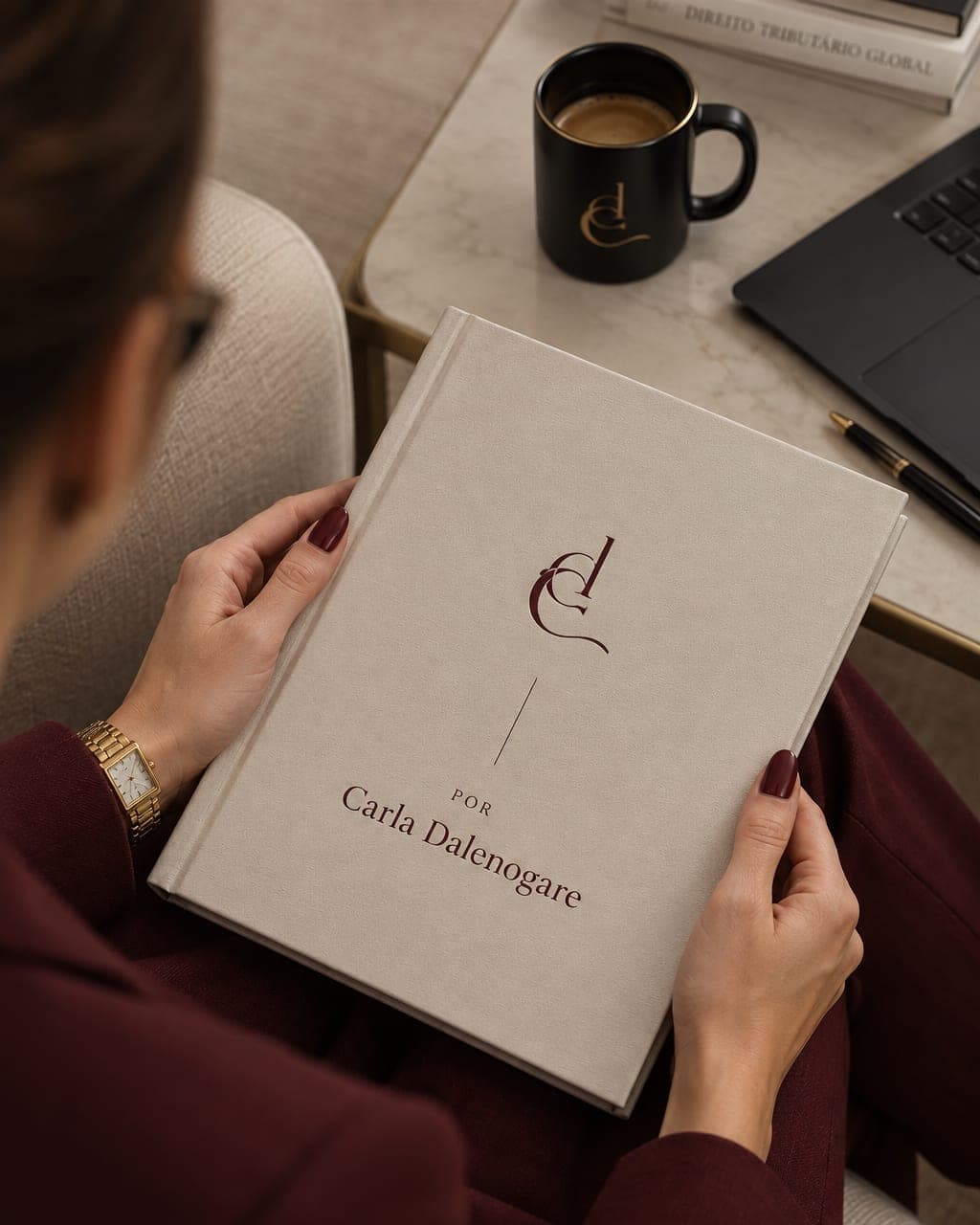 Mulher de terno vinho, sentada, segurando no colo um livro de capa clara com o monograma do escritório gravado e a inscrição por Carla Dalenogare; ao lado, uma mesa com xícara de café, caneta e um laptop